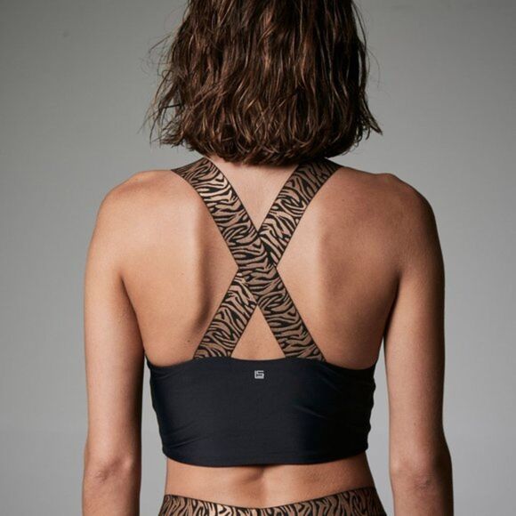 Lanston Sport Black Sport Bra with Leopard Straps Crossed Crop Workout New Small - Picture 2 of 9